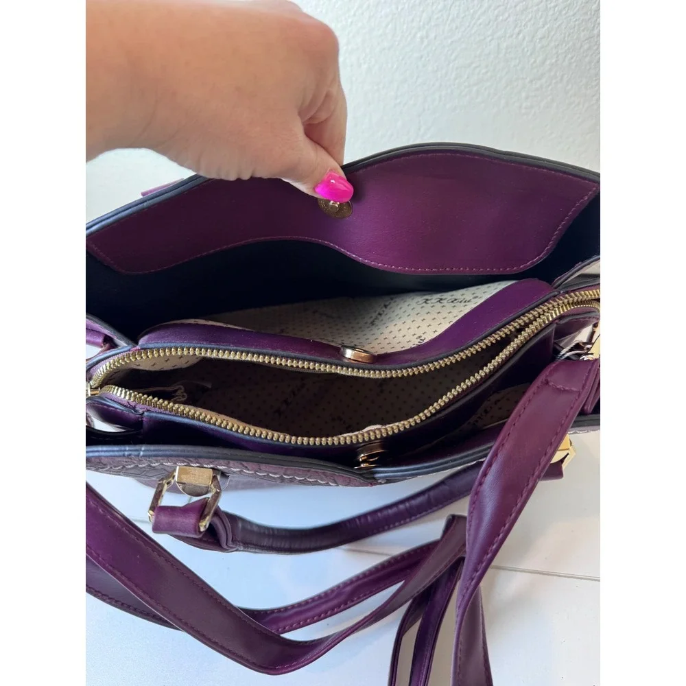 Y2K Purple Faux Leather‎ Lace Overlay Satchel Bag Women Medium Structured Chic